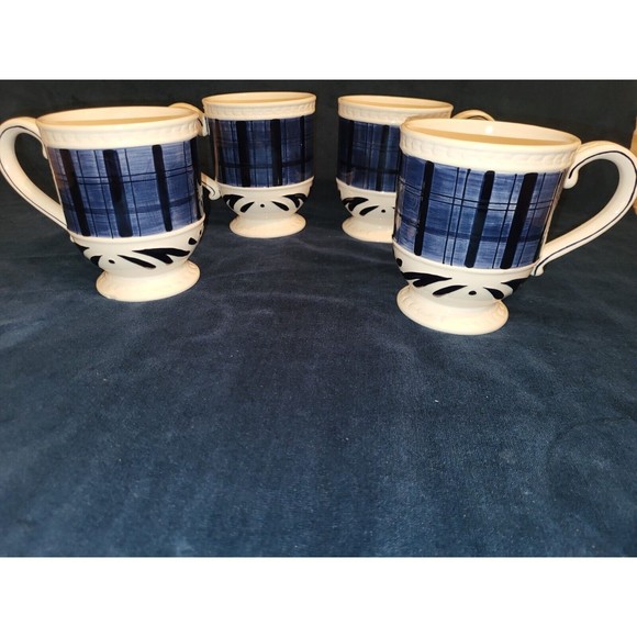 Fitz & Floyd BRISTOL Indigo Tartan Blue White Lg Mug Ceramic 4.75" h Plaid - Picture 3 of 6